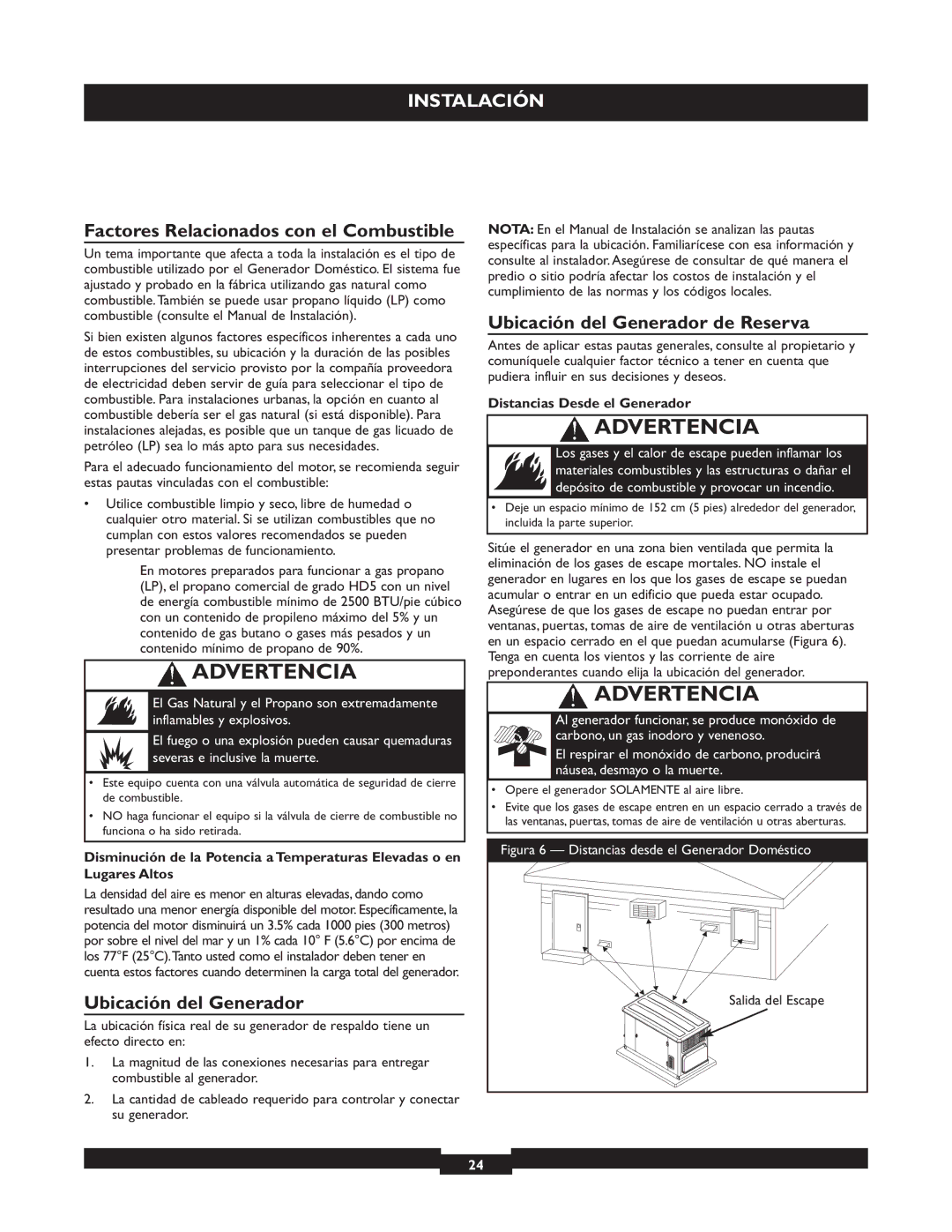 Briggs & Stratton 040212, 040213, 040229 manual Factores Relacionados con el Combustible, Ubicación del Generador de Reserva 