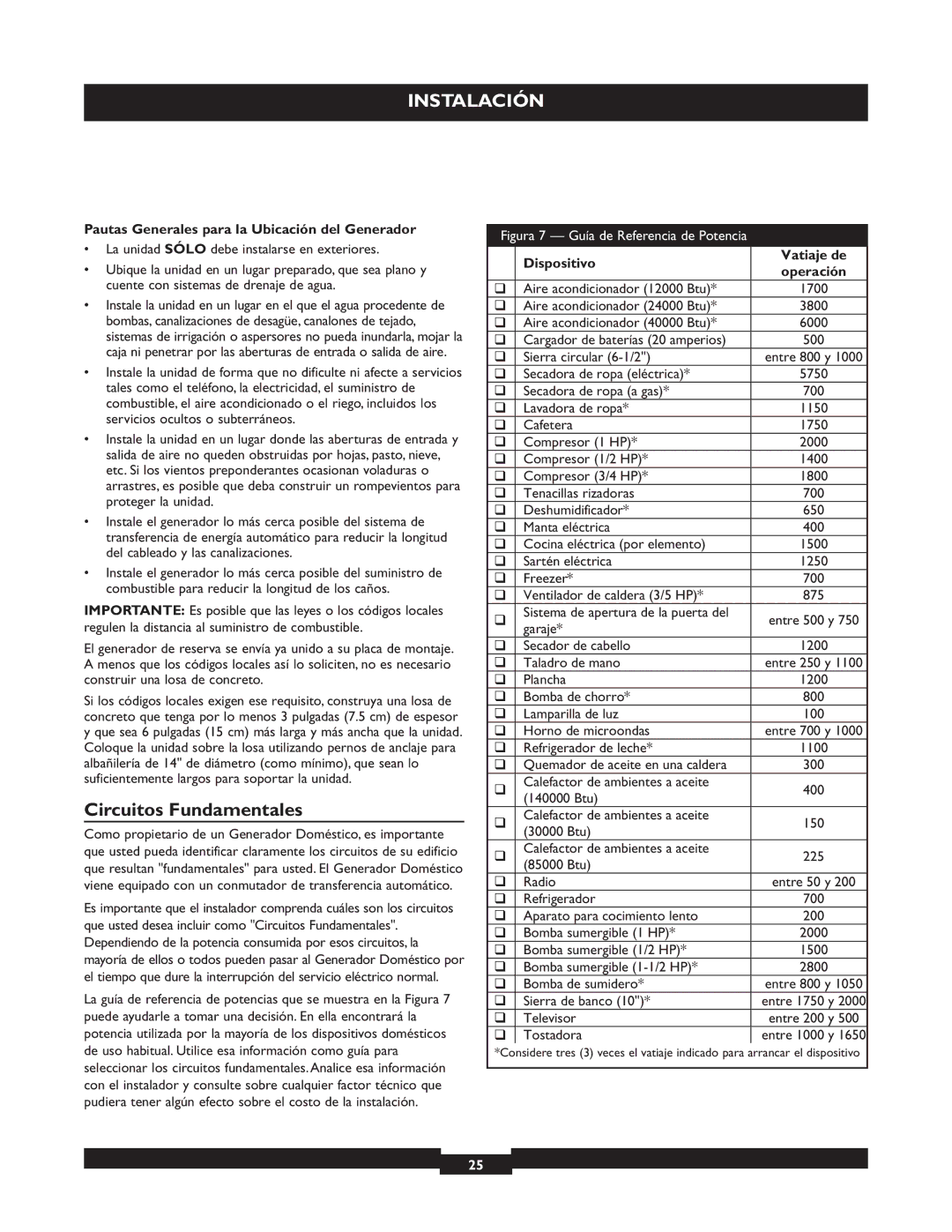 Briggs & Stratton 040213 Circuitos Fundamentales, Pautas Generales para la Ubicación del Generador, Dispositivo Vatiaje de 