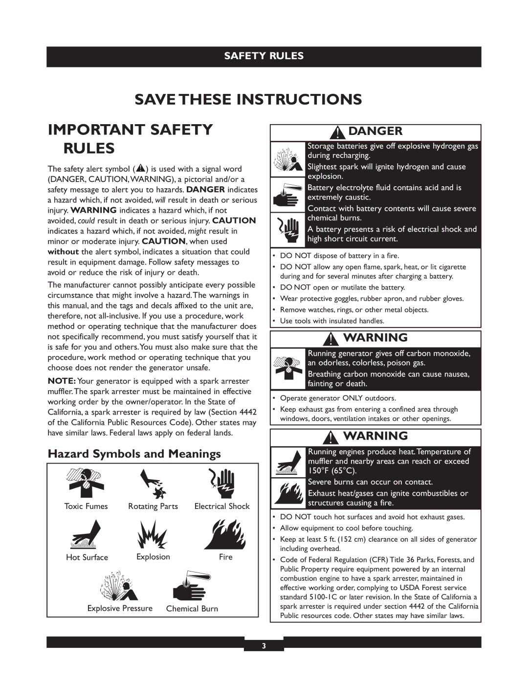 Briggs & Stratton 040212, 040213, 040229 manual Important Safety Rules, Hazard Symbols and Meanings 