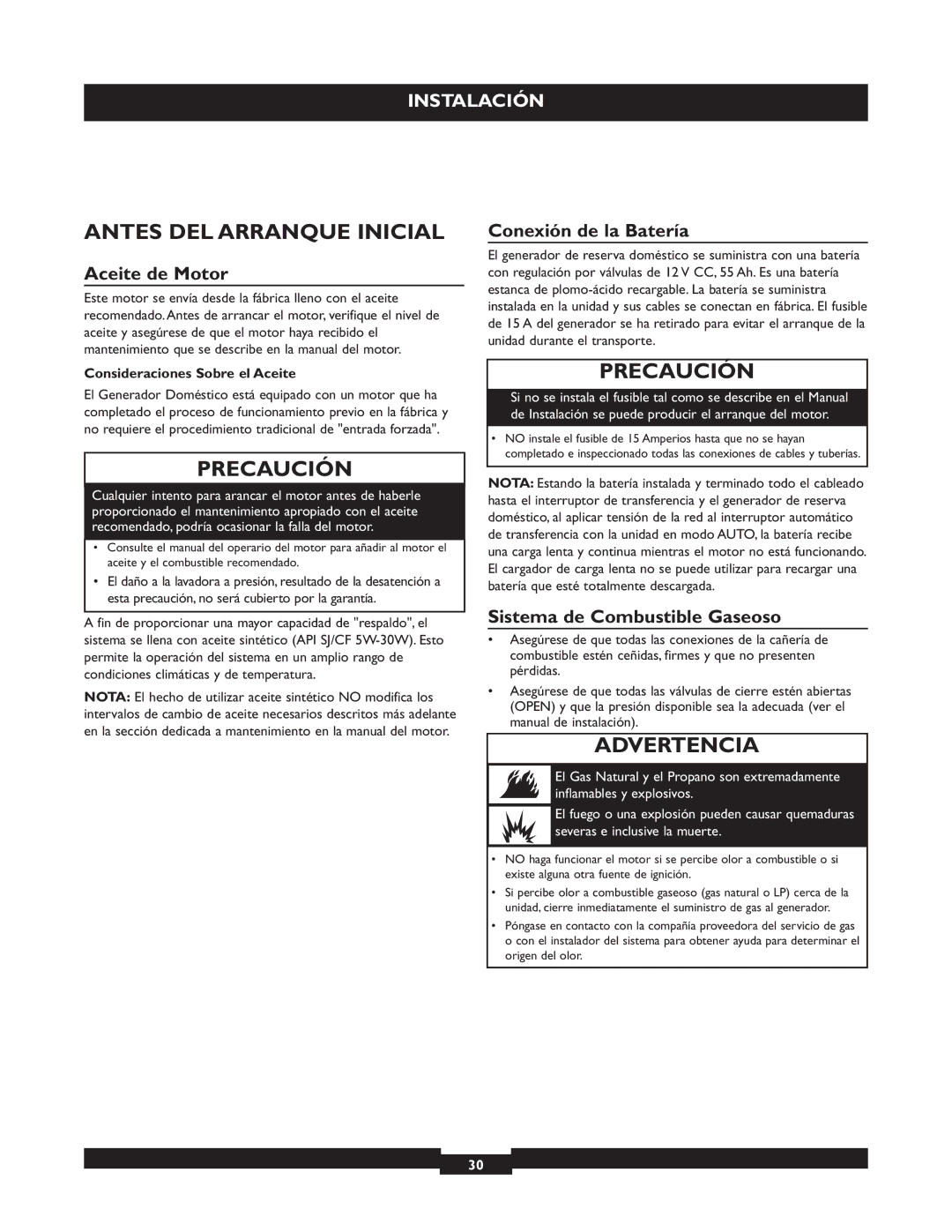 Briggs & Stratton 040212, 040213, 040229 manual Antes DEL Arranque Inicial, Aceite de Motor, Conexión de la Batería 