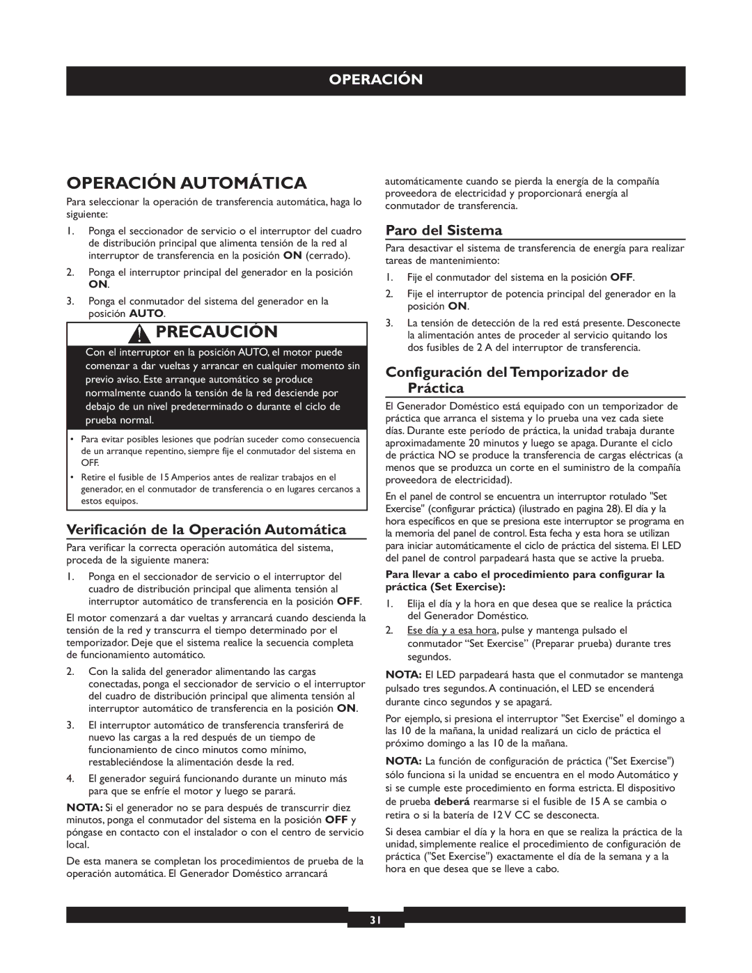 Briggs & Stratton 040213, 040212, 040229 manual Verificación de la Operación Automática, Paro del Sistema 