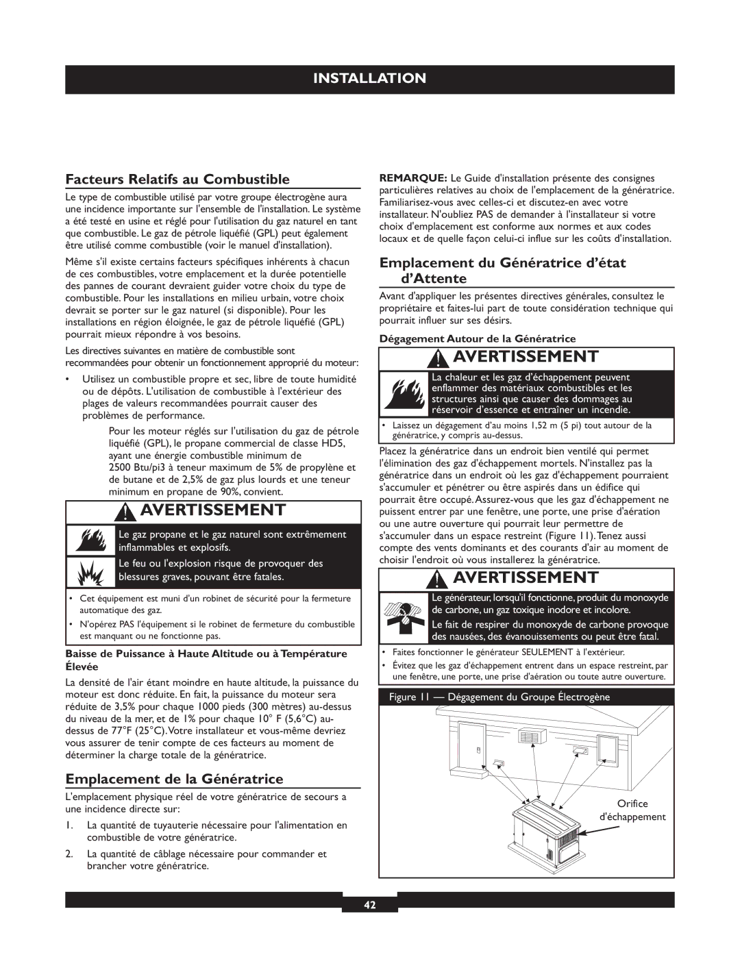 Briggs & Stratton 040212, 040213, 040229 manual Facteurs Relatifs au Combustible, Emplacement du Génératrice d’état d’Attente 