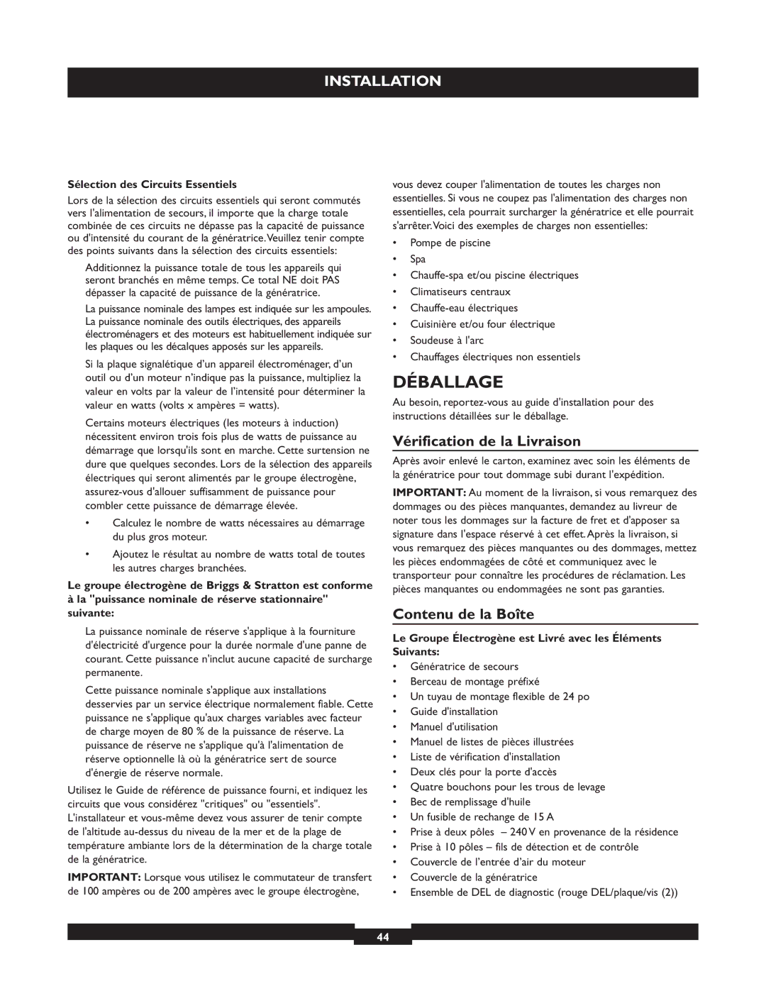 Briggs & Stratton 040229 Déballage, Vérification de la Livraison, Contenu de la Boîte, Sélection des Circuits Essentiels 