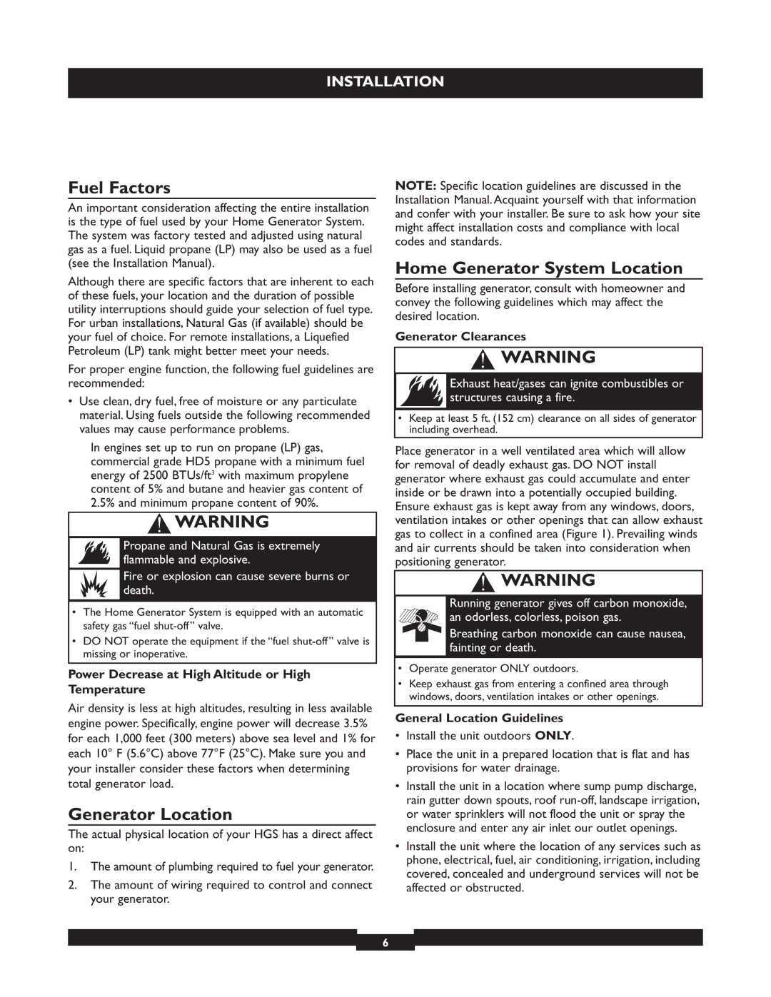 Briggs & Stratton 040212, 040213, 040229 manual Fuel Factors, Generator Location, Home Generator System Location 