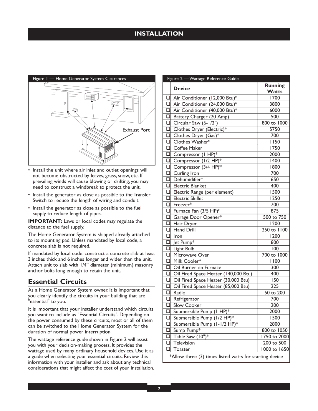 Briggs & Stratton 040213, 040212, 040229 manual Essential Circuits, Device Running Watts 