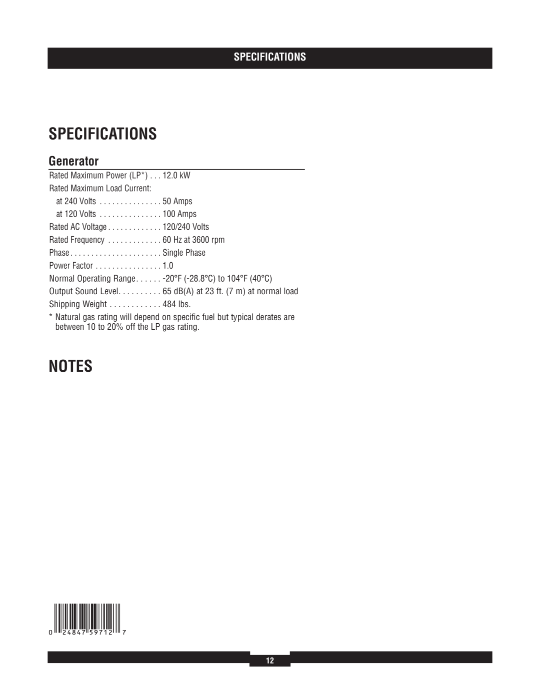 Briggs & Stratton 040212-1 manual Specifications, Generator 