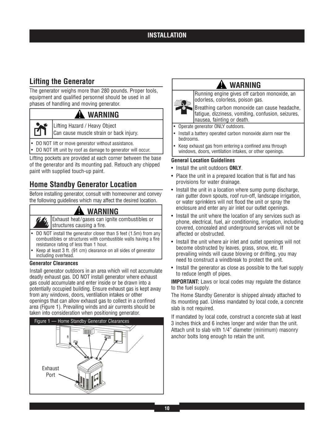 Briggs & Stratton 040220A manual Lifting the Generator, Home Standby Generator Location, Generator Clearances, Port 