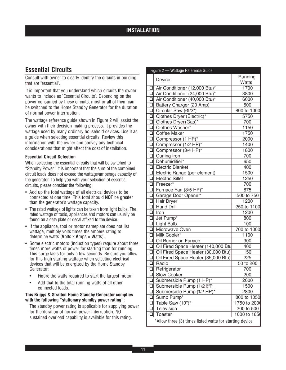 Briggs & Stratton 040220A manual Essential Circuits, Essential Circuit Selection, Device Running Watts 