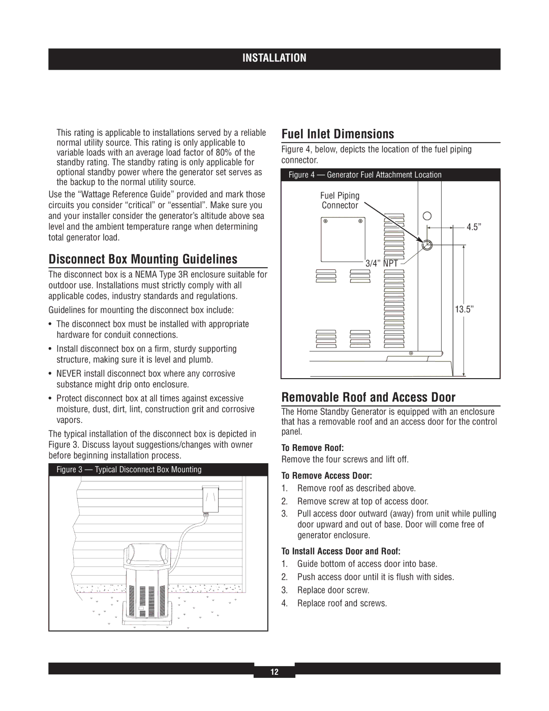 Briggs & Stratton 040220A manual Disconnect Box Mounting Guidelines, Fuel Inlet Dimensions, Removable Roof and Access Door 