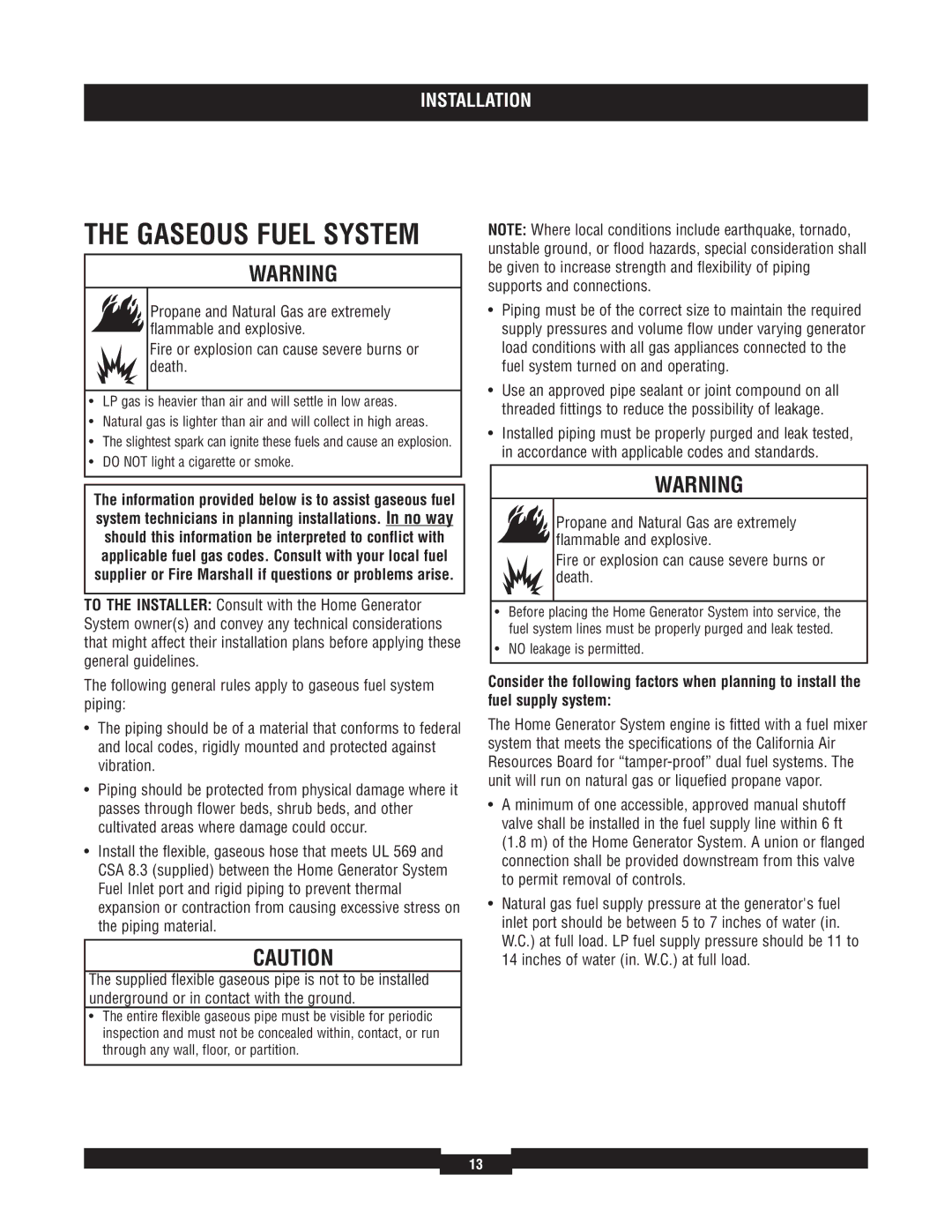 Briggs & Stratton 040220A manual Gaseous Fuel System, Do not light a cigarette or smoke 