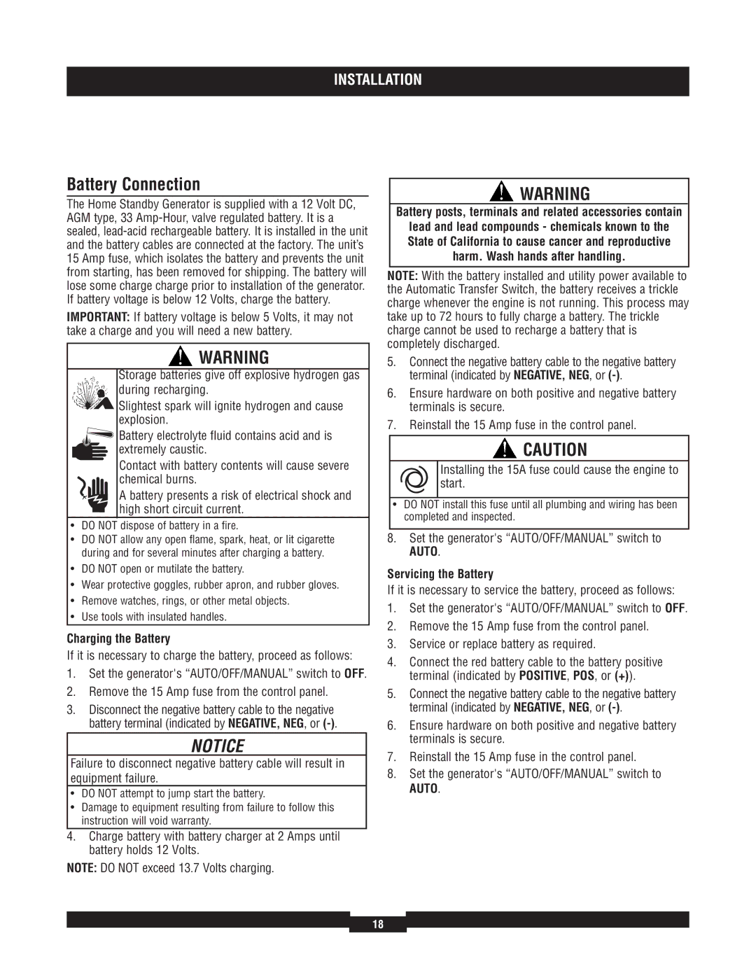 Briggs & Stratton 040220A manual Battery Connection, Charging the Battery, Servicing the Battery 