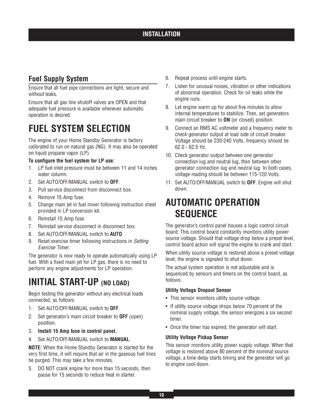 Briggs & Stratton 040220A manual Fuel System Selection, Initial START-UP no Load, Automatic Operation Sequence 