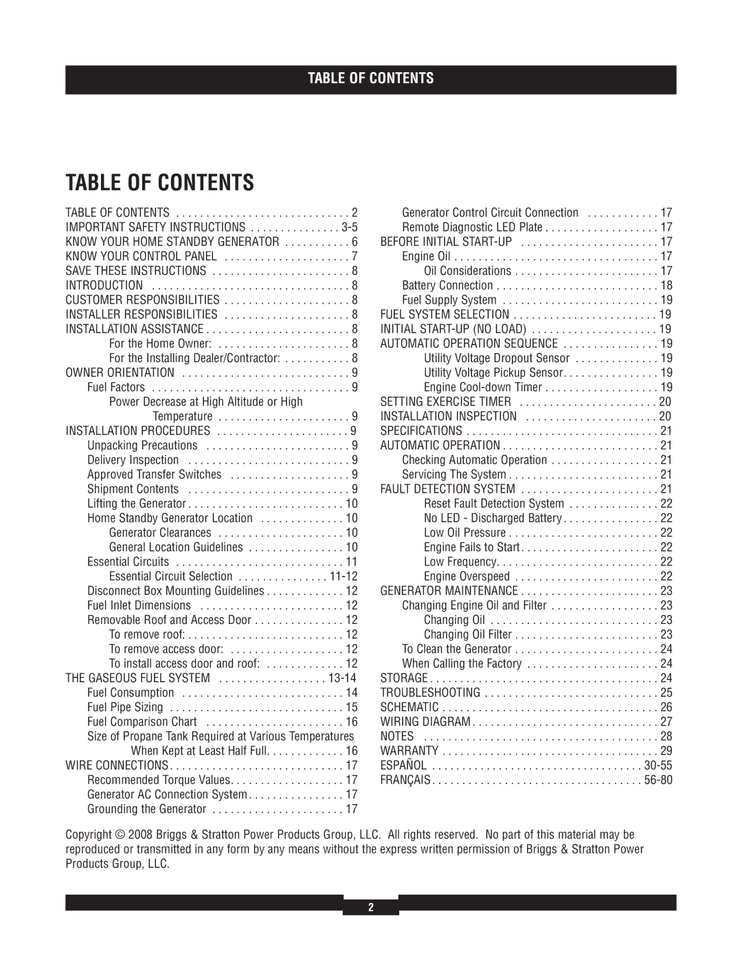 Briggs & Stratton 040220A manual Table of Contents 