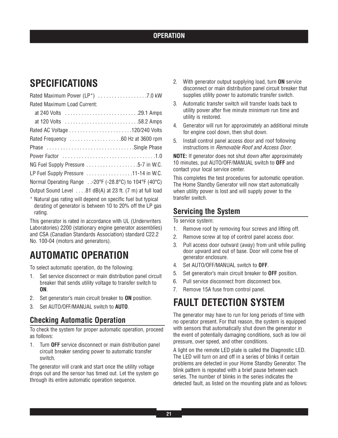 Briggs & Stratton 040220A Specifications, Fault Detection System, Checking Automatic Operation, Servicing the System 