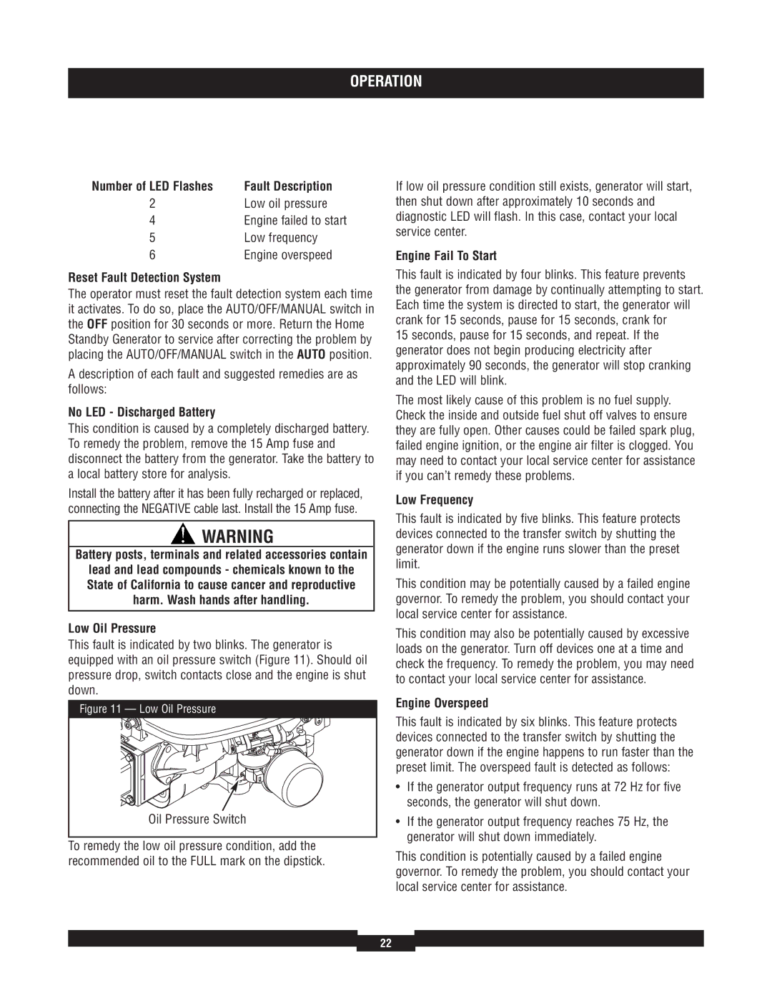 Briggs & Stratton 040220A Fault Description, Reset Fault Detection System, No LED Discharged Battery, Low Oil Pressure 