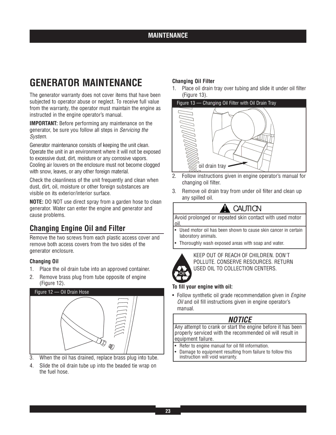 Briggs & Stratton 040220A manual Generator Maintenance, Changing Engine Oil and Filter, Changing Oil Filter 