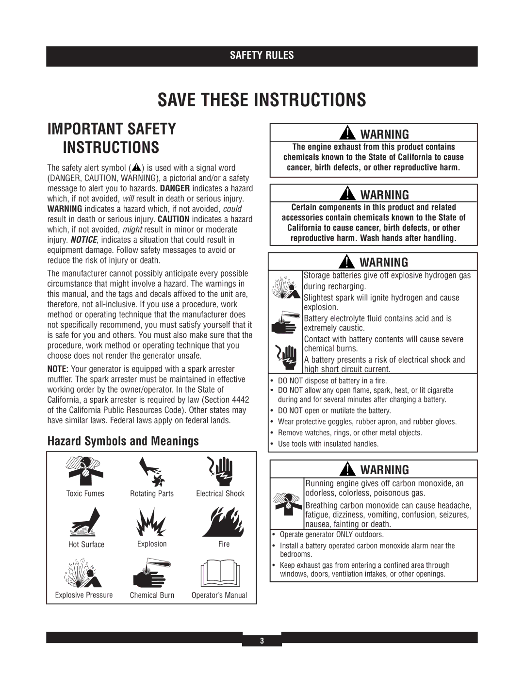 Briggs & Stratton 040220A manual Important Safety Instructions, Hazard Symbols and Meanings 