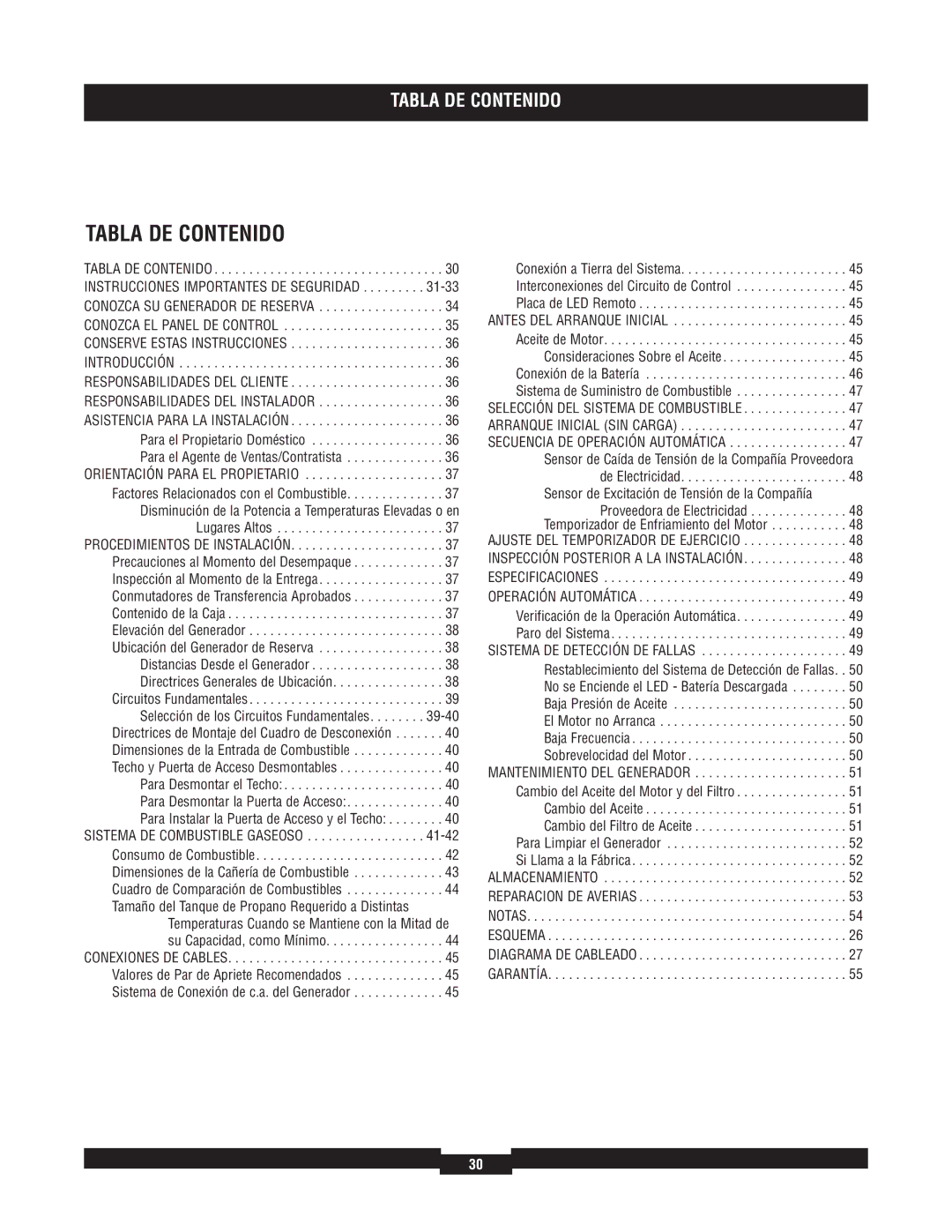 Briggs & Stratton 040220A manual Tabla DE Contenido, Sensor de Excitación de Tensión de la Compañía 