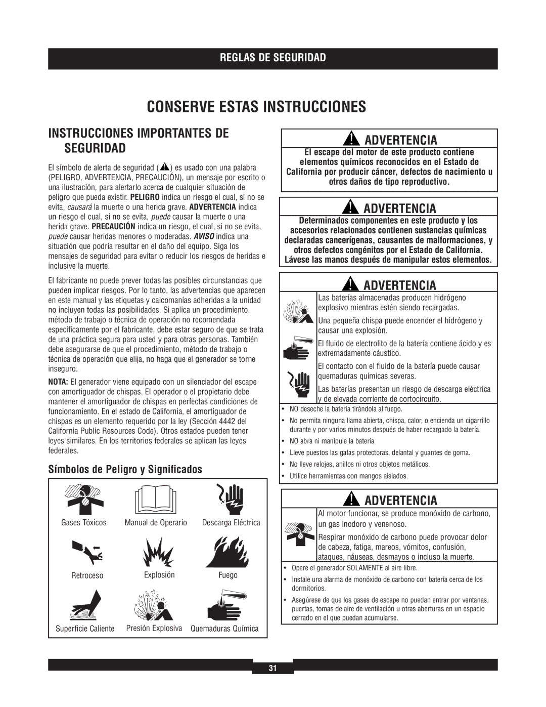 Briggs & Stratton 040220A Advertencia, Símbolos de Peligro y Significados, Determinados componentes en este producto y los 