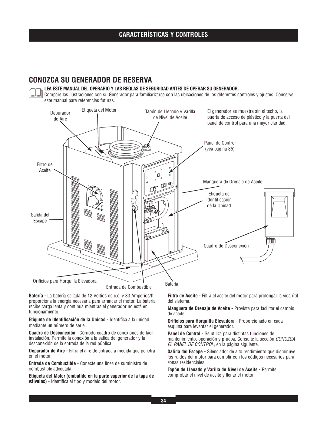 Briggs & Stratton 040220A manual Conozca SU Generador DE Reserva, Etiqueta del Motor, Filtro de Aceite Salida del Escape 