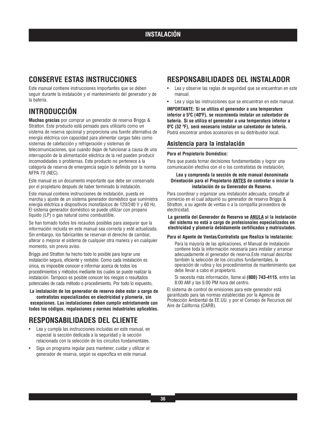 Briggs & Stratton 040220A manual Conserve Estas Instrucciones, Introducción, Responsabilidades DEL Instalador 