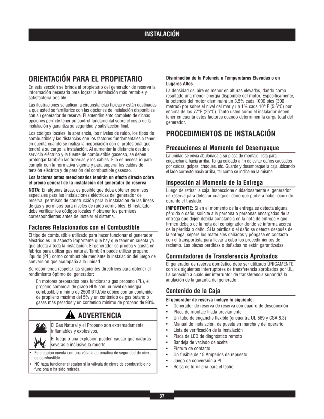 Briggs & Stratton 040220A manual Procedimientos DE Instalación 