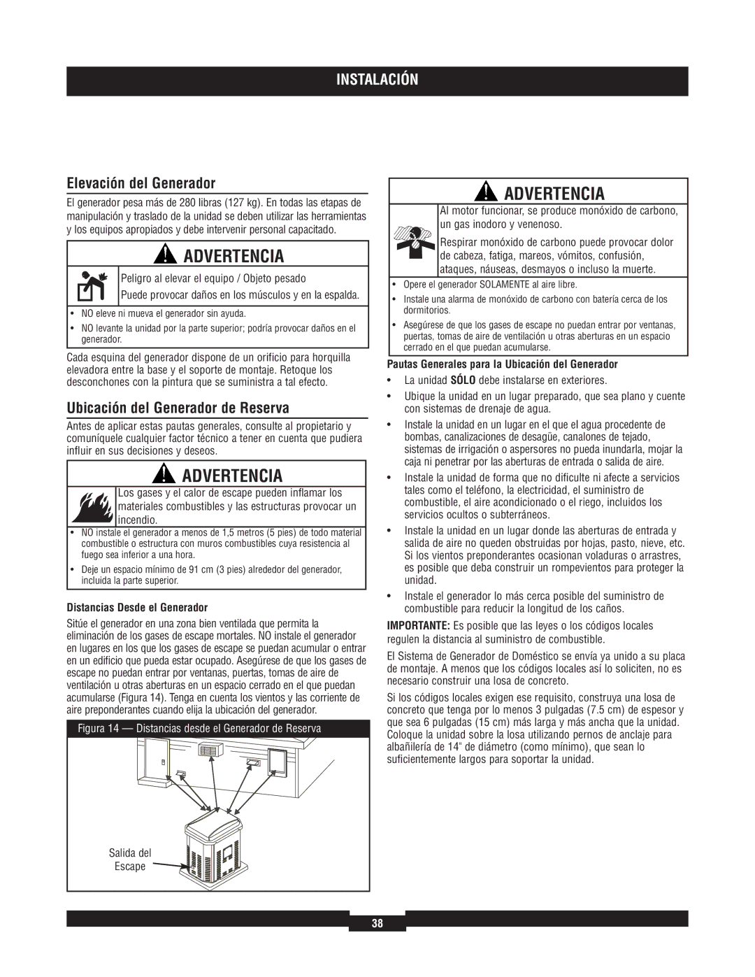 Briggs & Stratton 040220A manual Elevación del Generador, Ubicación del Generador de Reserva, Distancias Desde el Generador 