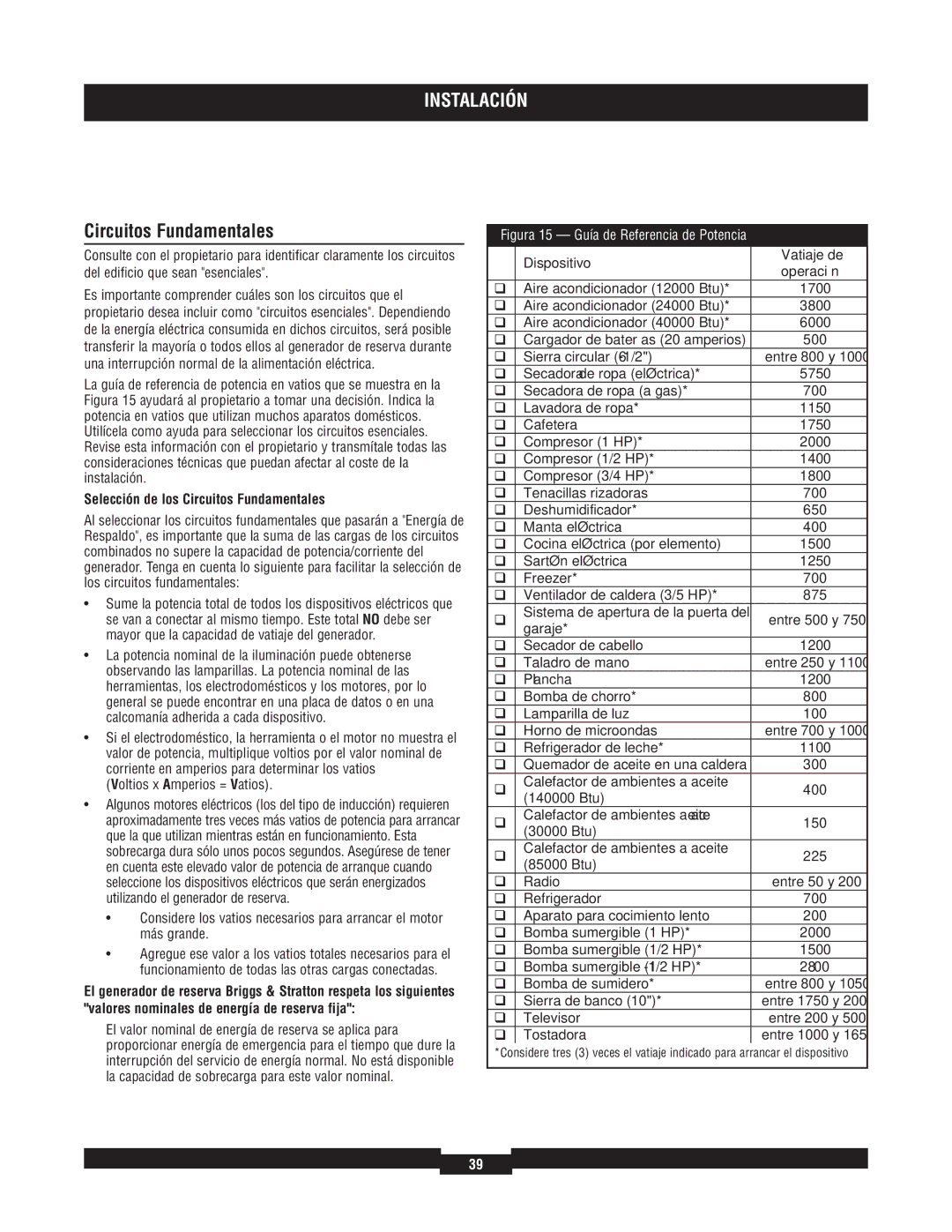 Briggs & Stratton 040220A manual Selección de los Circuitos Fundamentales, Dispositivo Vatiaje de 