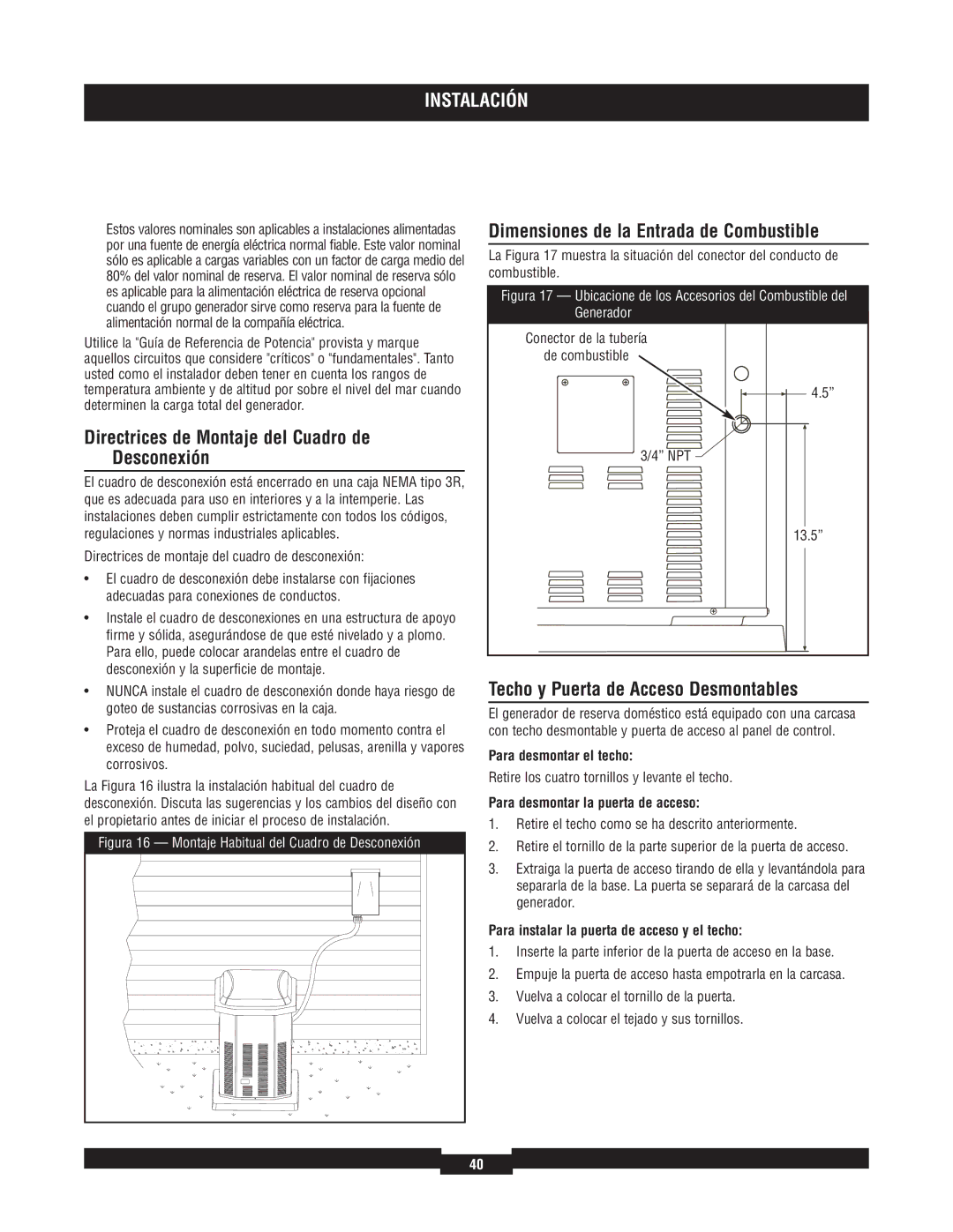 Briggs & Stratton 040220A manual Directrices de Montaje del Cuadro de Desconexión, Dimensiones de la Entrada de Combustible 