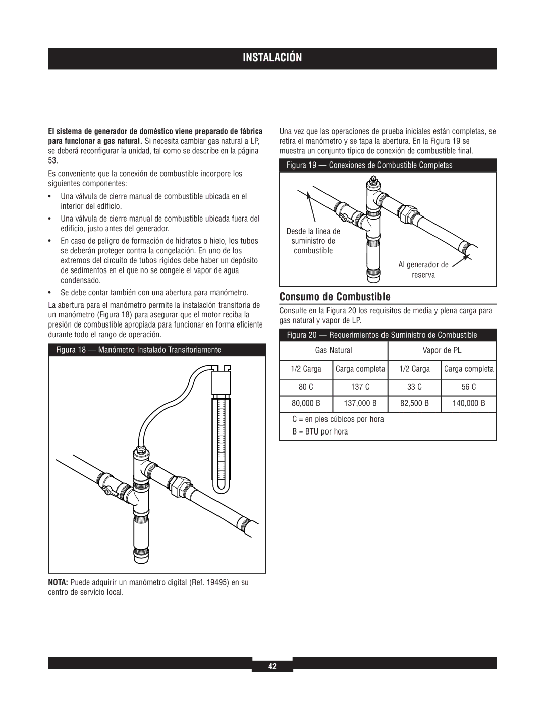 Briggs & Stratton 040220A manual Consumo de Combustible, Al generador de Reserva, Gas Natural Vapor de PL 