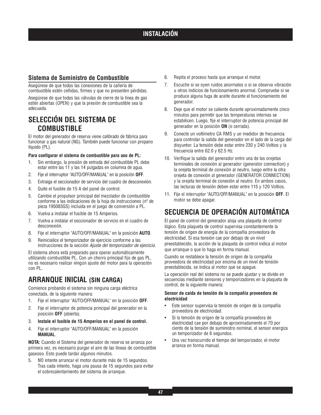 Briggs & Stratton 040220A manual Selección DEL Sistema DE Combustible, Arranque Inicial SIN Carga 