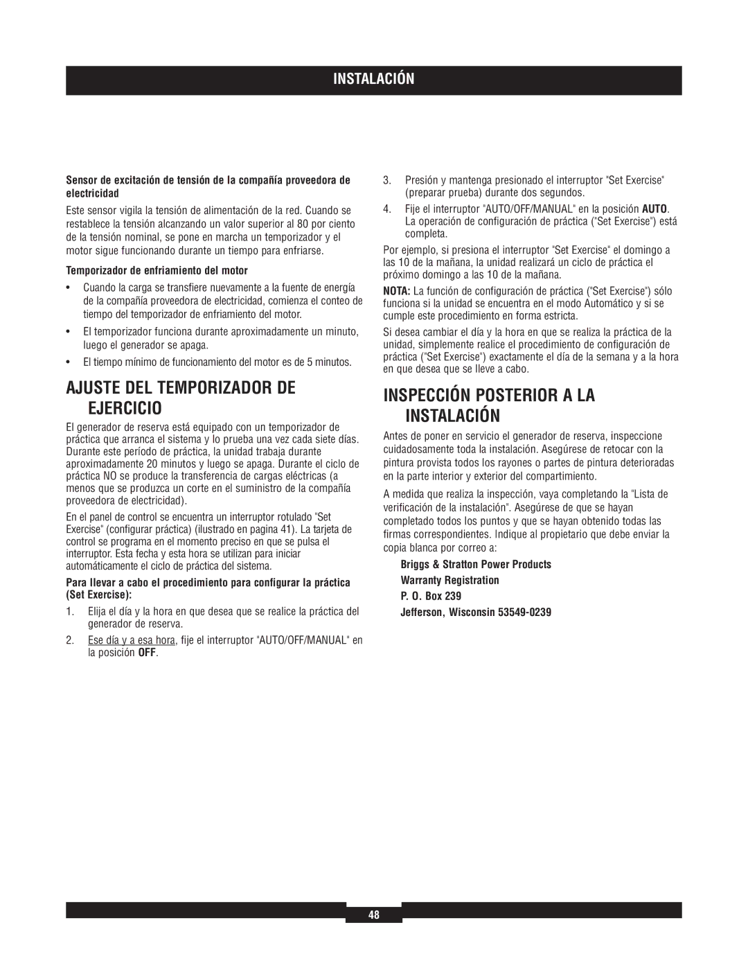 Briggs & Stratton 040220A manual Inspección Posterior a LA Instalación, Temporizador de enfriamiento del motor 