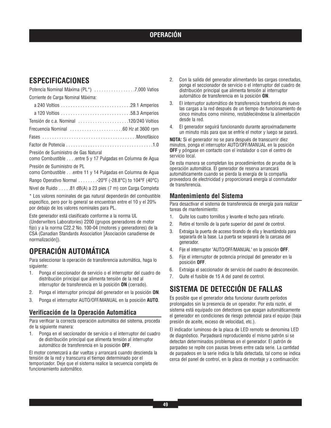 Briggs & Stratton 040220A manual Especificaciones, Operación Automática, Sistema DE Detección DE Fallas 