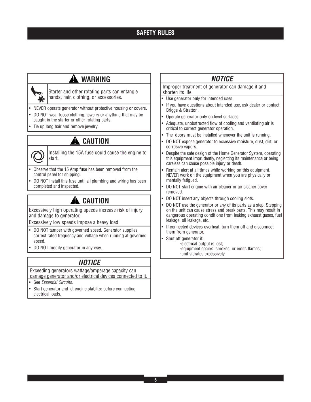 Briggs & Stratton 040220A manual Installing the 15A fuse could cause the engine to start 