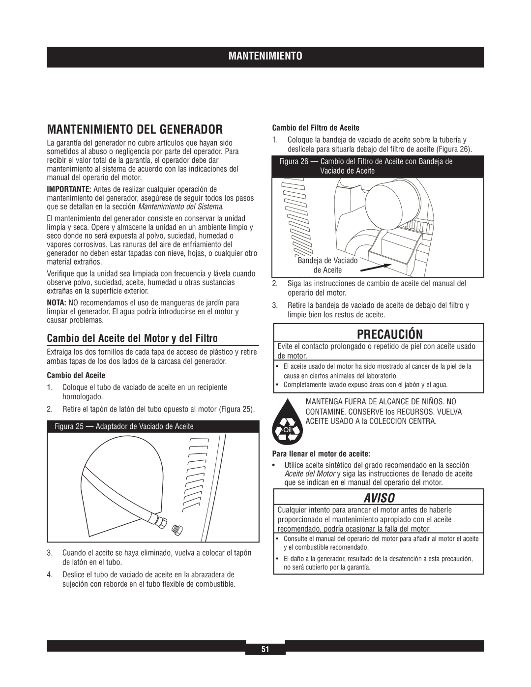 Briggs & Stratton 040220A manual Mantenimiento DEL Generador, Cambio del Aceite del Motor y del Filtro 