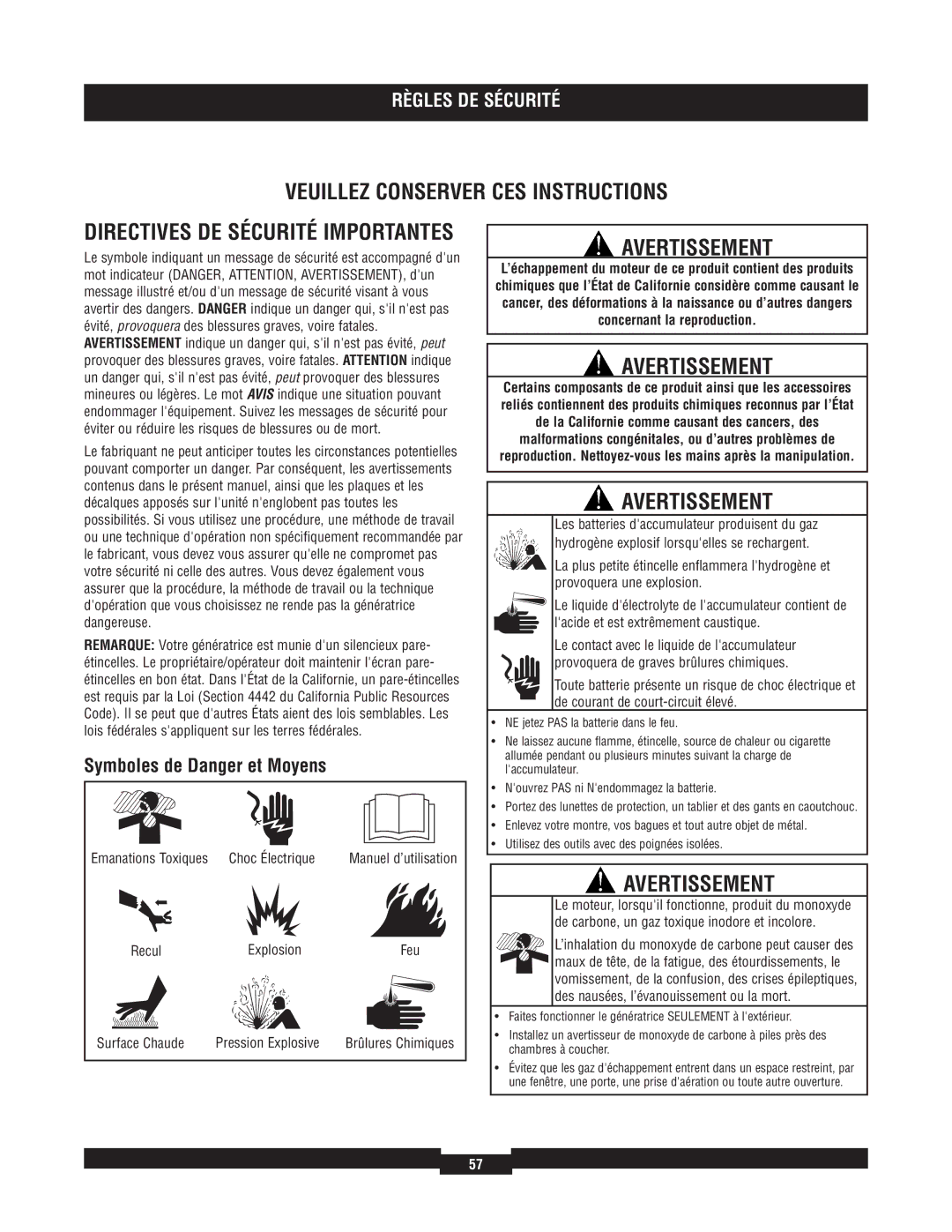 Briggs & Stratton 040220A manual Veuillez Conserver CES Instructions, Avertissement, Symboles de Danger et Moyens 