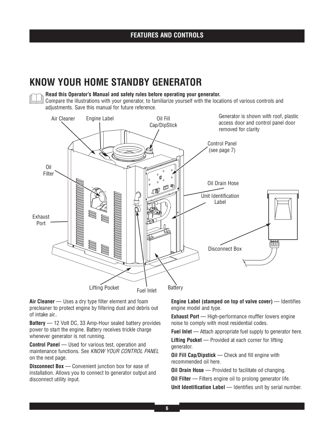 Briggs & Stratton 040220A manual Know Your Home Standby Generator, Control Panel see, Battery 