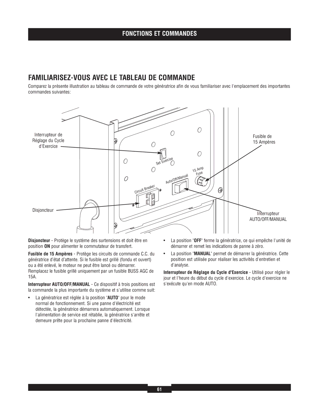 Briggs & Stratton 040220A manual FAMILIARISEZ-VOUS Avec LE Tableau DE Commande, Fusible de, 15 Ampères, Disjoncteur 