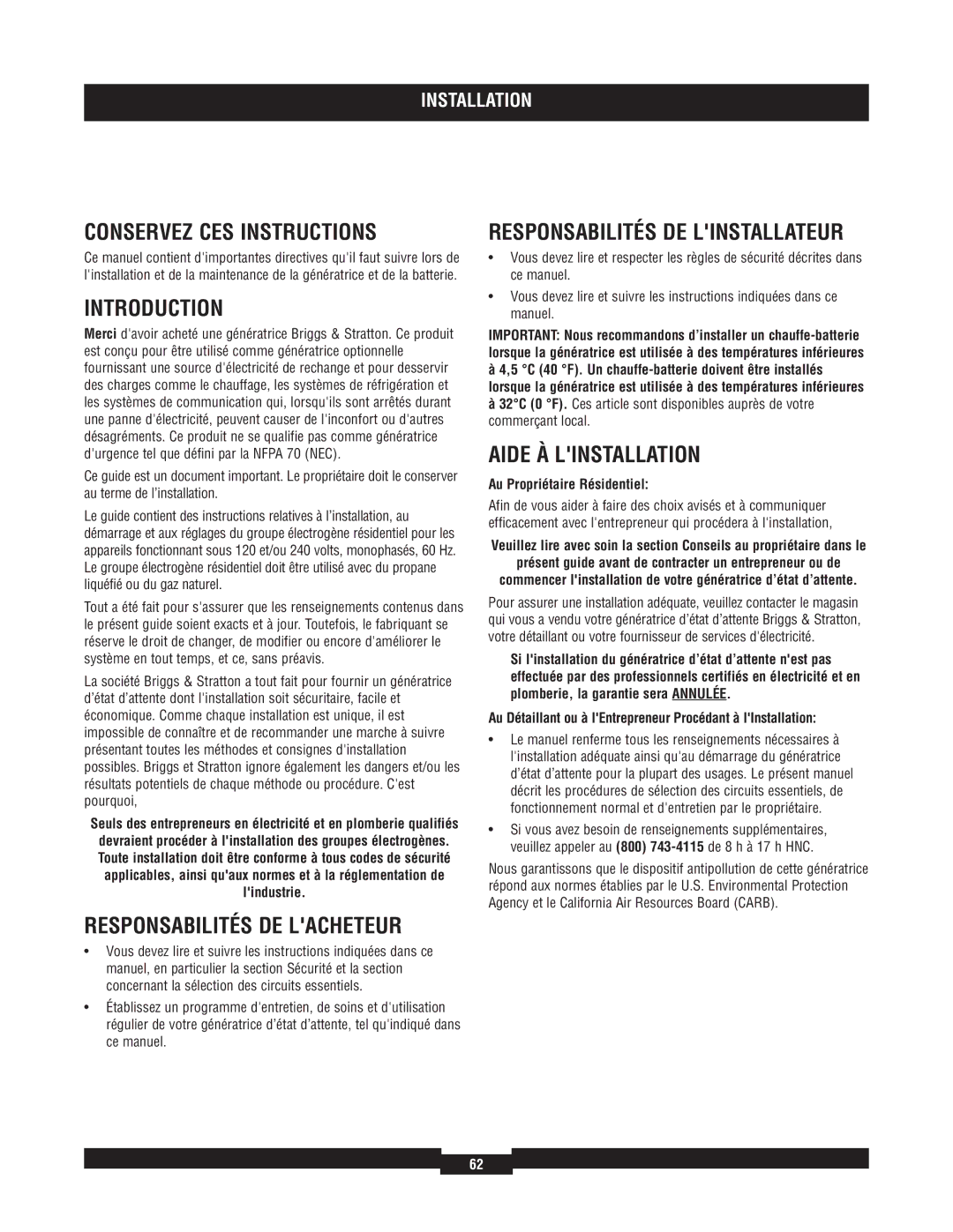 Briggs & Stratton 040220A Conservez CES Instructions, Introduction, Responsabilités DE Linstallateur, Aide À Linstallation 