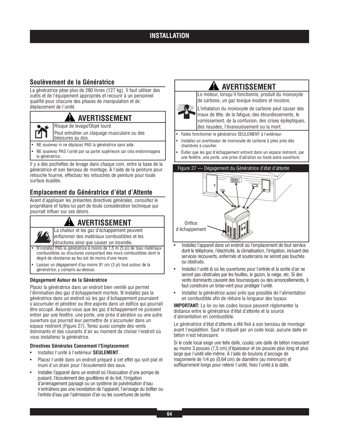 Briggs & Stratton 040220A manual Soulèvement de la Génératrice, Emplacement du Génératrice d’état d’Attente 