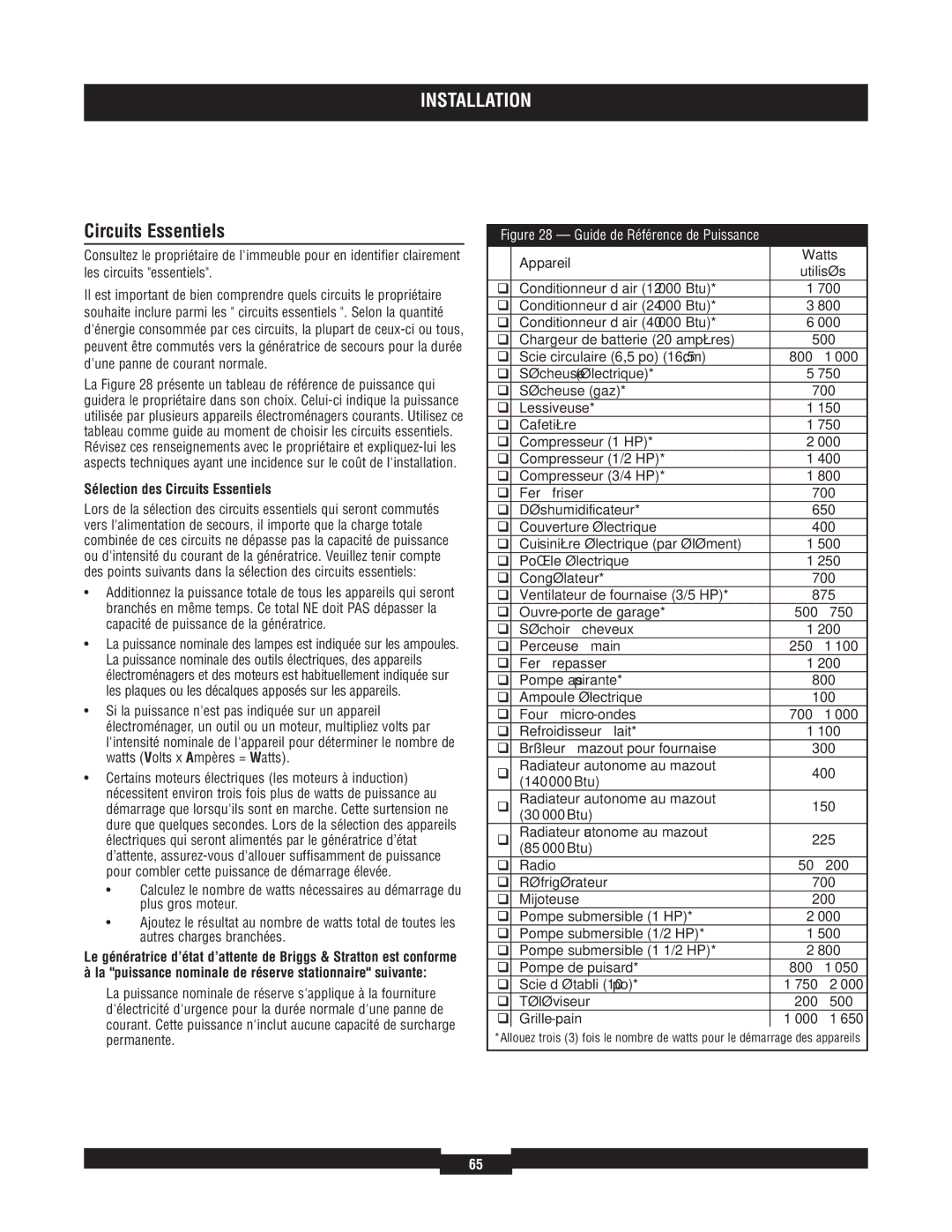 Briggs & Stratton 040220A manual Sélection des Circuits Essentiels, Appareil Watts 