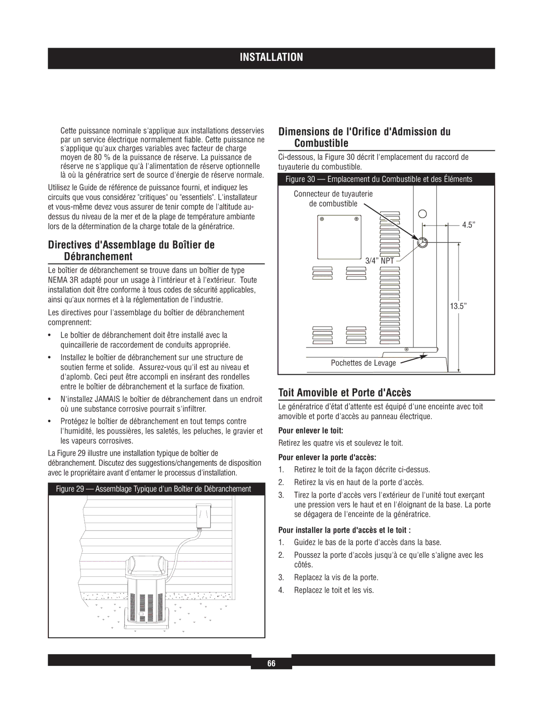 Briggs & Stratton 040220A manual Directives dAssemblage du Boîtier de Débranchement, Toit Amovible et Porte dAccès 