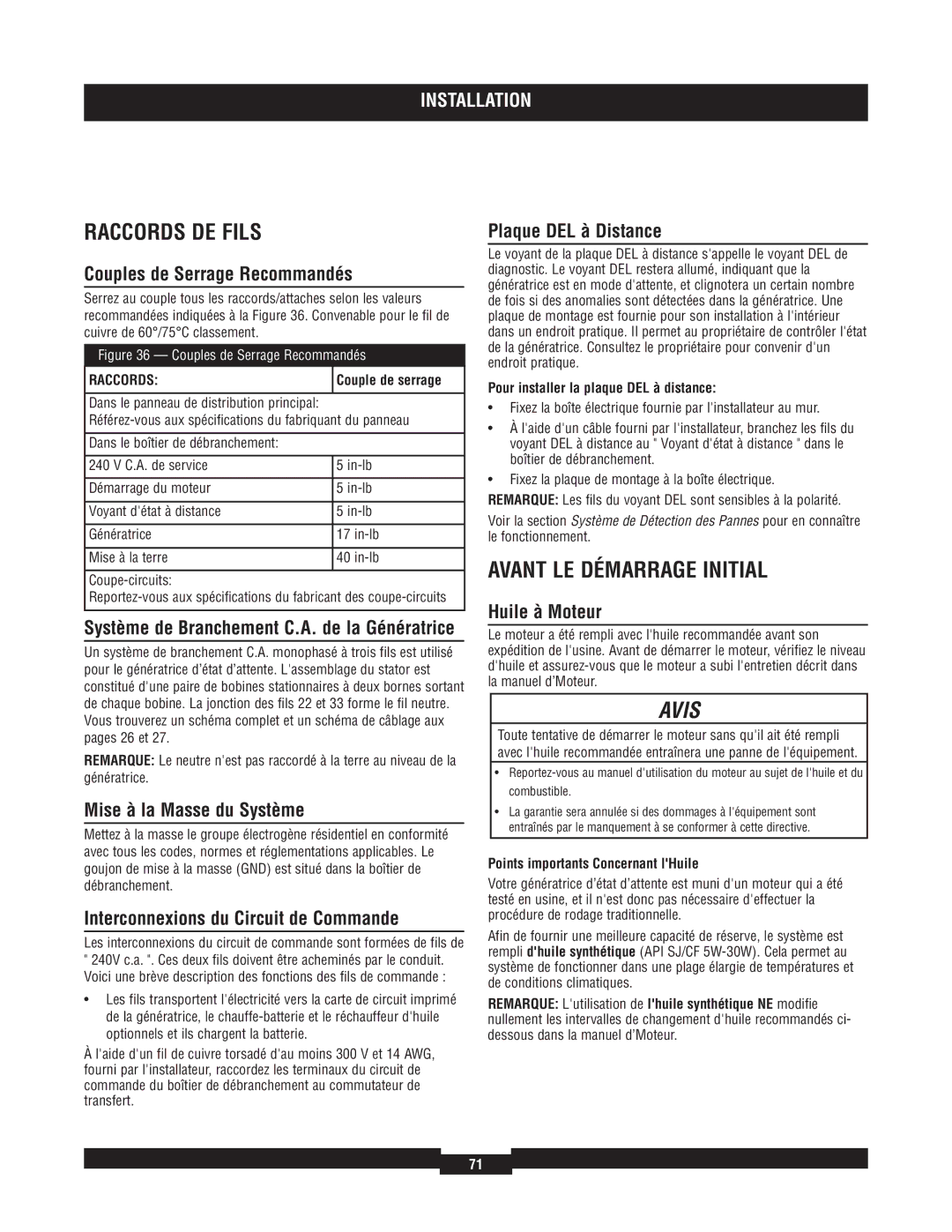 Briggs & Stratton 040220A manual Raccords DE Fils, Avant LE Démarrage Initial 