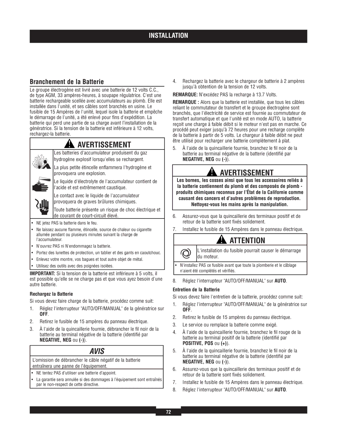 Briggs & Stratton 040220A Branchement de la Batterie, Rechargez la Batterie, Réglez linterrupteur AUTO/OFF/MANUAL sur Auto 