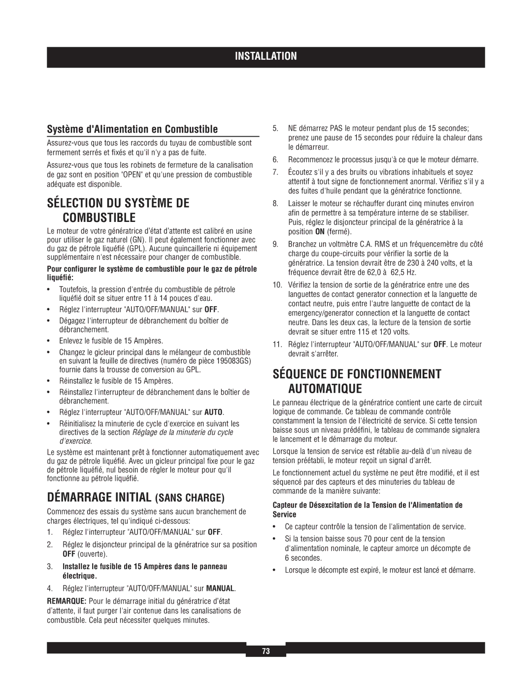 Briggs & Stratton 040220A manual Sélection DU Système DE Combustible, Démarrage Initial Sans Charge 