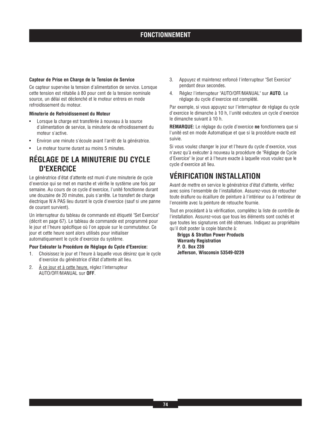 Briggs & Stratton 040220A manual Réglage DE LA Minuterie DU Cycle Dexercice, Vérification Installation 