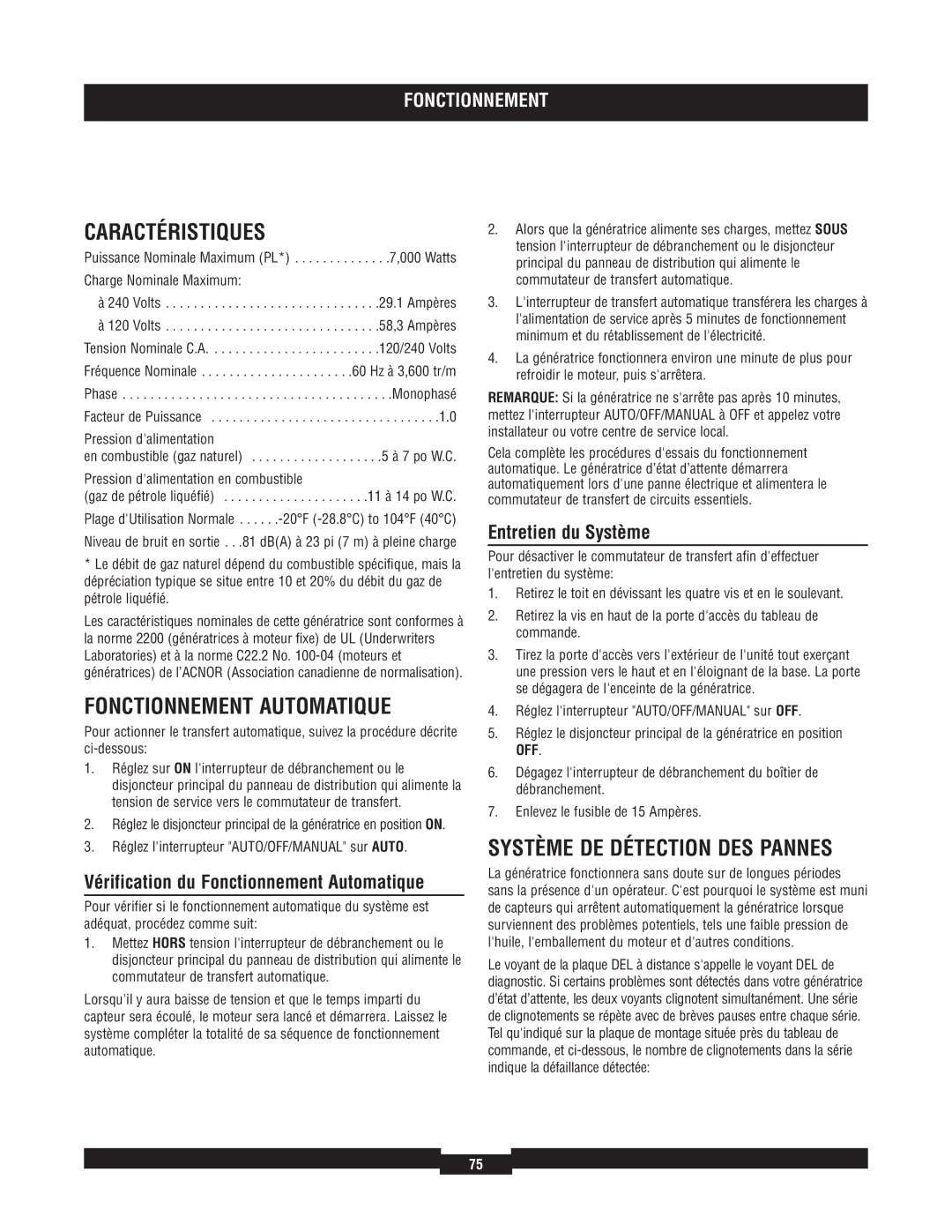 Briggs & Stratton 040220A manual Caractéristiques, Fonctionnement Automatique, Système DE Détection DES Pannes 