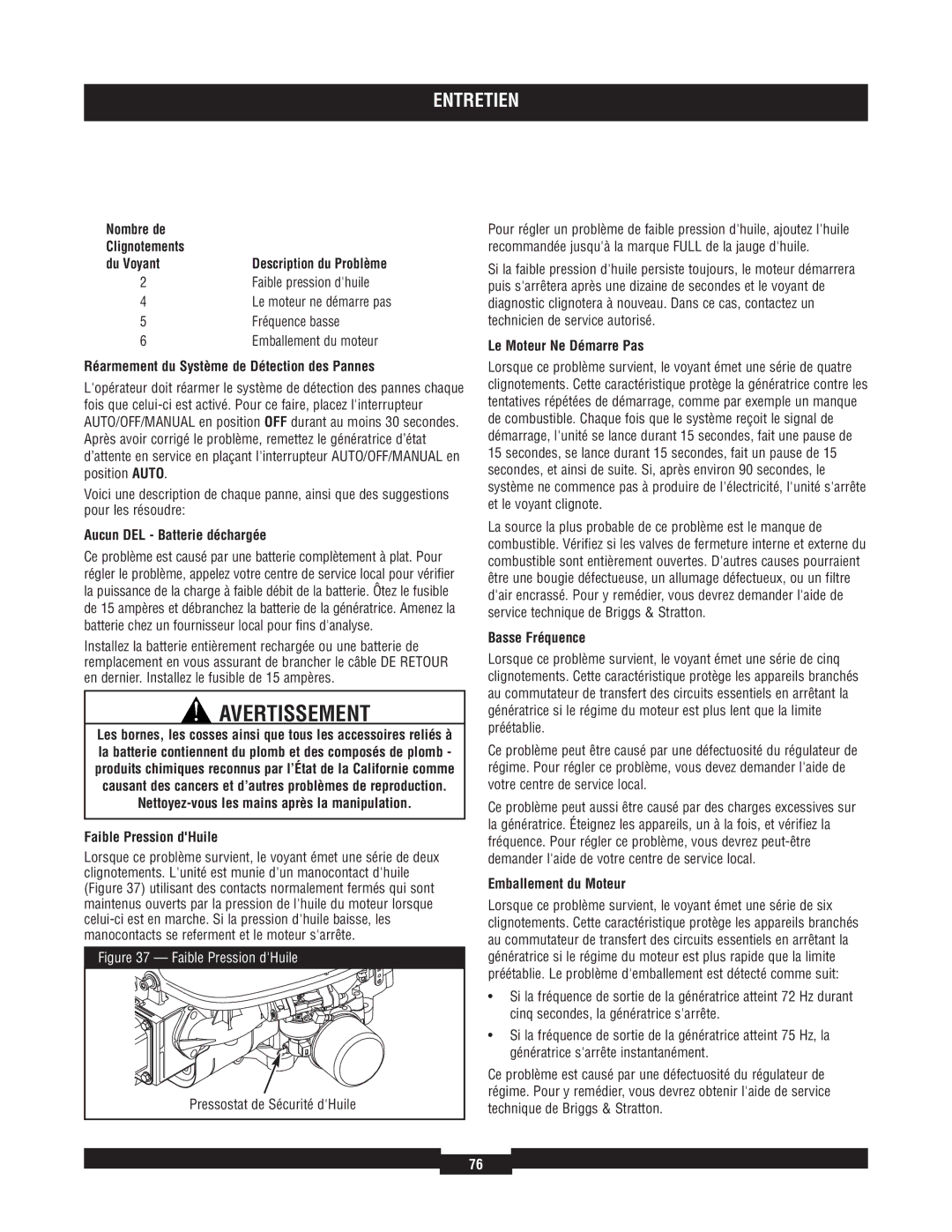 Briggs & Stratton 040220A manual Nombre de Clignotements Du Voyant, Réarmement du Système de Détection des Pannes 