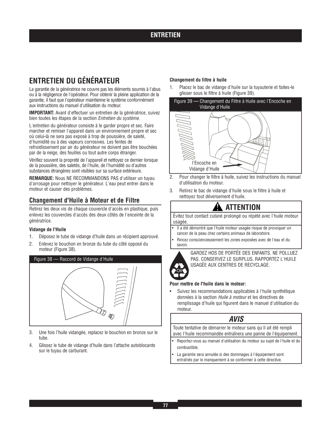 Briggs & Stratton 040220A manual Entretien DU Générateur, Changement dHuile à Moteur et de Filtre, Vidange de lHuile 