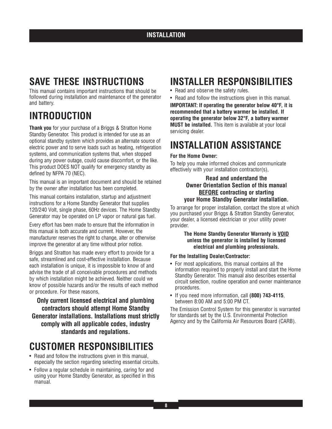 Briggs & Stratton 040220A Introduction, Installer Responsibilities, Installation Assistance, Customer Responsibilities 